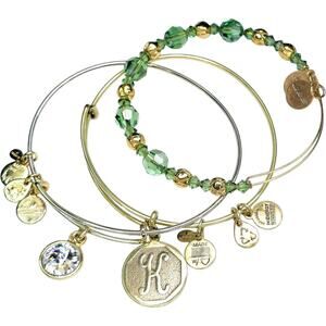 Alex and Ani Green Beaded Clear Glass Stone Letter K Gold Tone Bangle Bracelets
